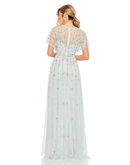 V Neck Embellished Flutter Sleeve A Line Gown