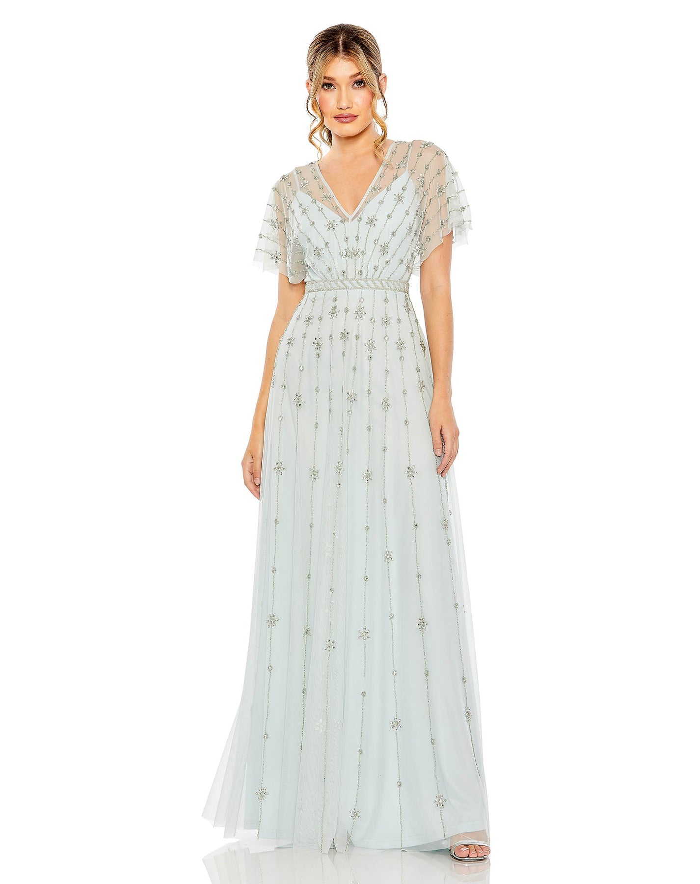 V Neck Embellished Flutter Sleeve A Line Gown