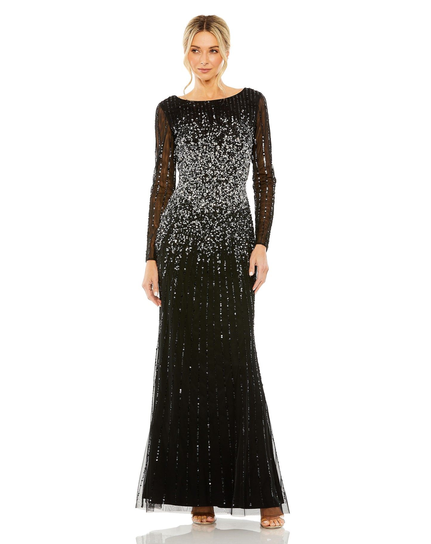 High Neck Sequin Embellished Long Sleeve A Line Gown