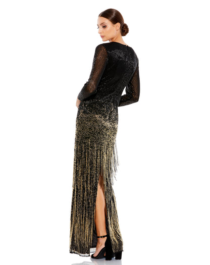 Mac Duggal Hand-beaded mesh overlay (100% polyester) Fully lined through body; sheer unlined sleeves High neckline Long sleeves Beaded fringe detailing mid-thigh to bottom hem Concealed back zipper Approx. 62.5" from top of shoulder to bottom hem Style #9