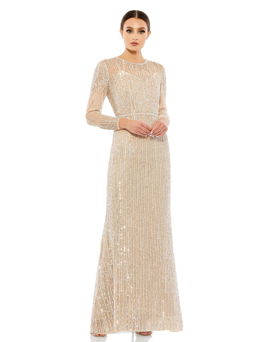 Elegant, fully-embellished dress with a high round neckline and semi-sheer yoke and sleeves. Vertical rows of sequins and beads adorn the bodice, skirt, and sleeves, and the natural waist and neckline feature hand-sewn crystal accents. Mac Duggal Fully Li