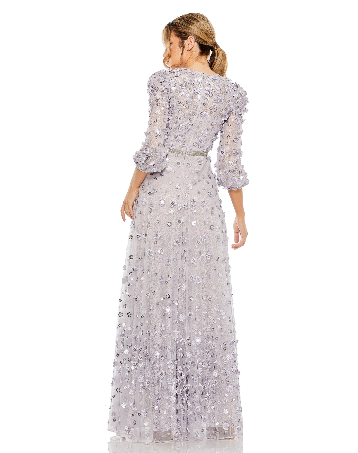 Floral Applique Puff Sleeve High Neck A-Line Gown