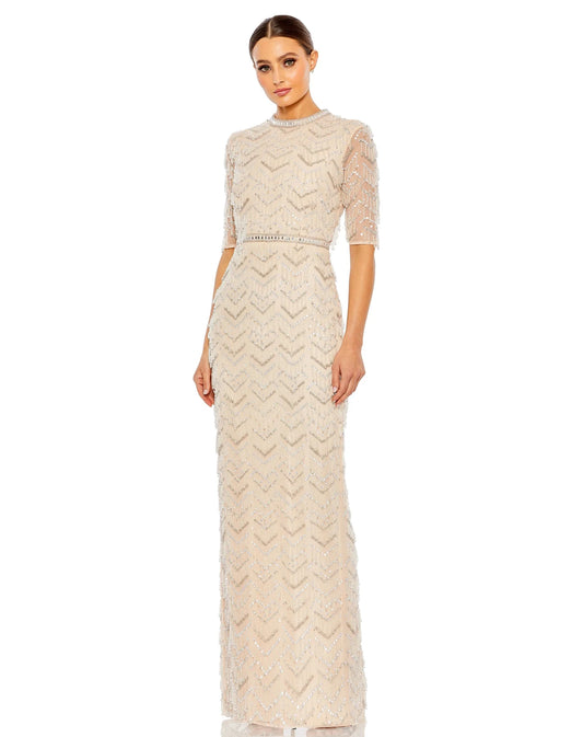 Beaded Fringe Quarter Sleeve Column Gown