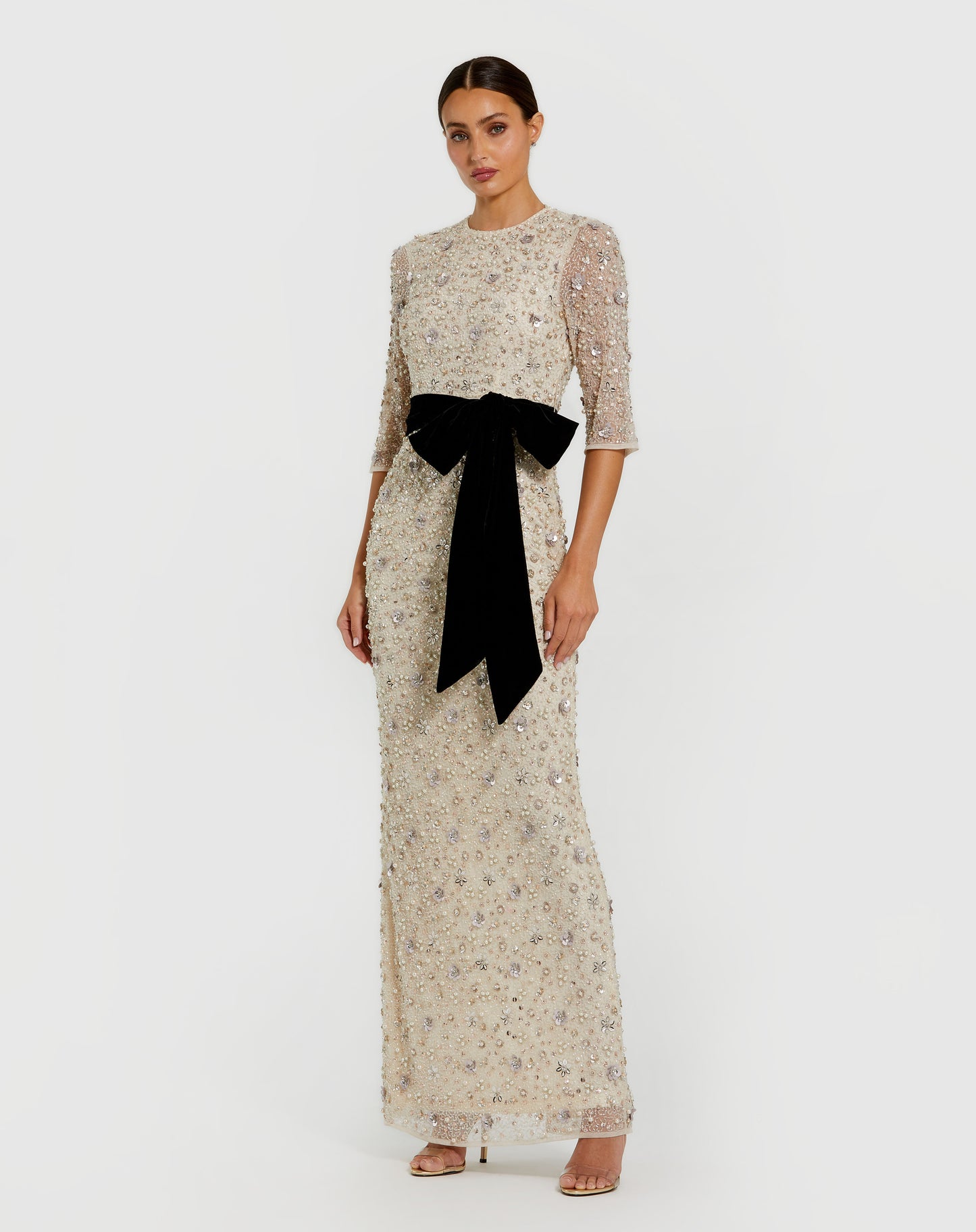 Ivory Embellished Evening Gown with Velvet Bow