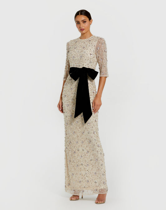 Ivory Embellished Evening Gown with Velvet Bow