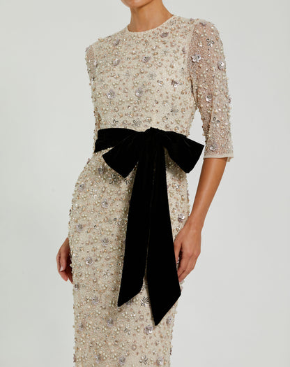 Ivory Embellished Evening Gown with Velvet Bow