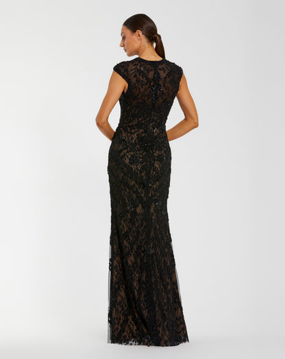 Embellished Lace Cap Sleeve Evening Gown