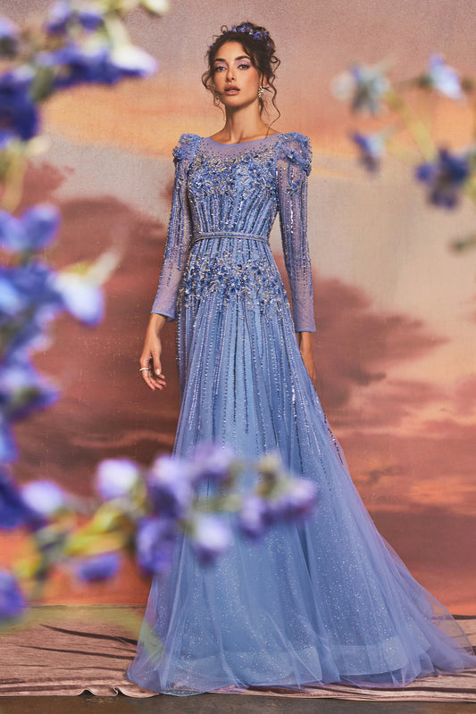 Step into a fairy tale with the exquisite azurite embellished gown. This gorgeous gown features intricate beading and delicate embellishments that give it a whimsical, romantic touch. The stunning layered glitter tulle creates an ethereal effect that will