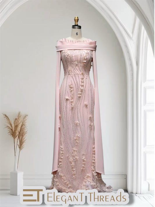 Floral Cape sleeves modest evening gown