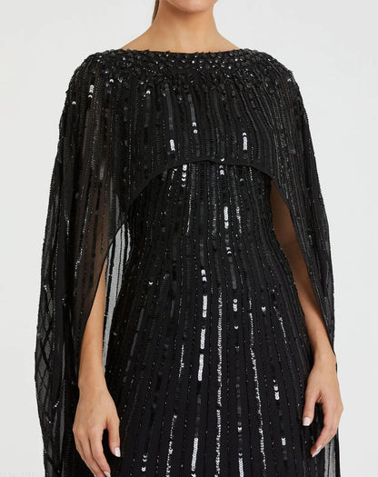 Embellished Column Cape Gown