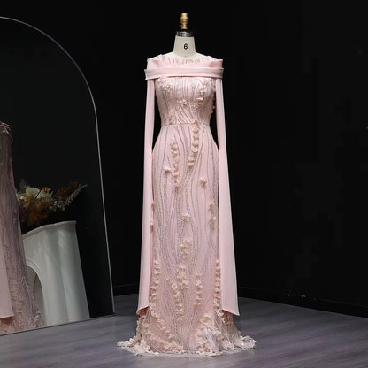 Floral Cape sleeves modest evening gown