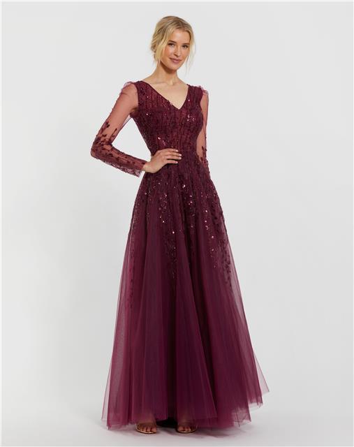 Illusion Long Sleeve Beaded Gown