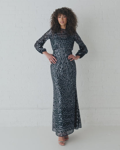 Navy Sequin Long Sleeve Blouson Evening Gown