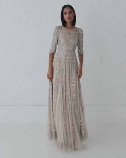 Luxurious 3/4 Sleeve Embellished A-line Gown