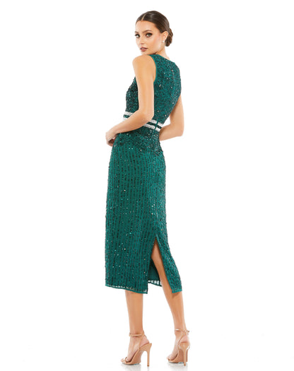 Elegant vertical sequined midi sheath dress with a flattering hand beaded waist and back slit. Mac Duggal Back Zipper Fully Lined Sleeveless Midi-Length Back Slit 100% Polyester Style #10509