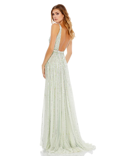 Sequined Illusion Plunge Neck A-Line Gown