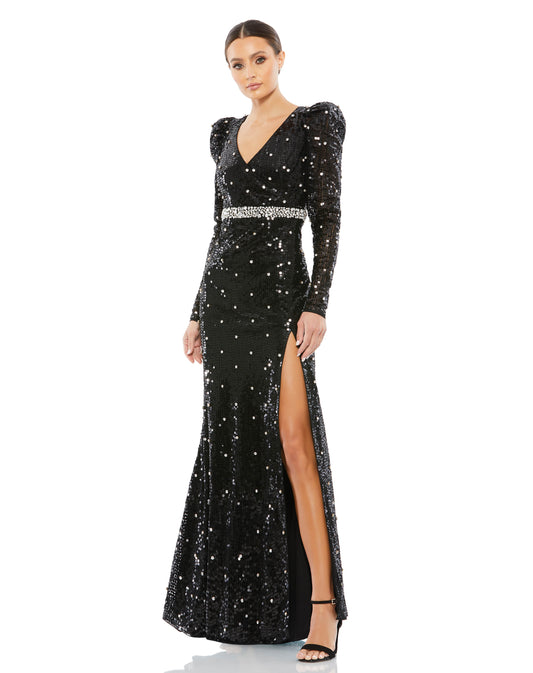 No one does sequin gowns better than Mac Duggal, and this on-trend dress is such a fun way to don the shimmery embellishments. The gala-glam gown is styled with a V-neckline, puff-shoulder long sleeves, and a leg-flaunting high slit. To kick up the shine