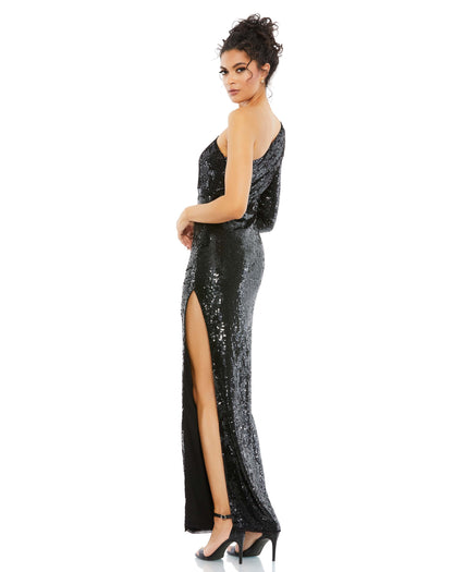 Sequined One Sleeve High Slit Gown