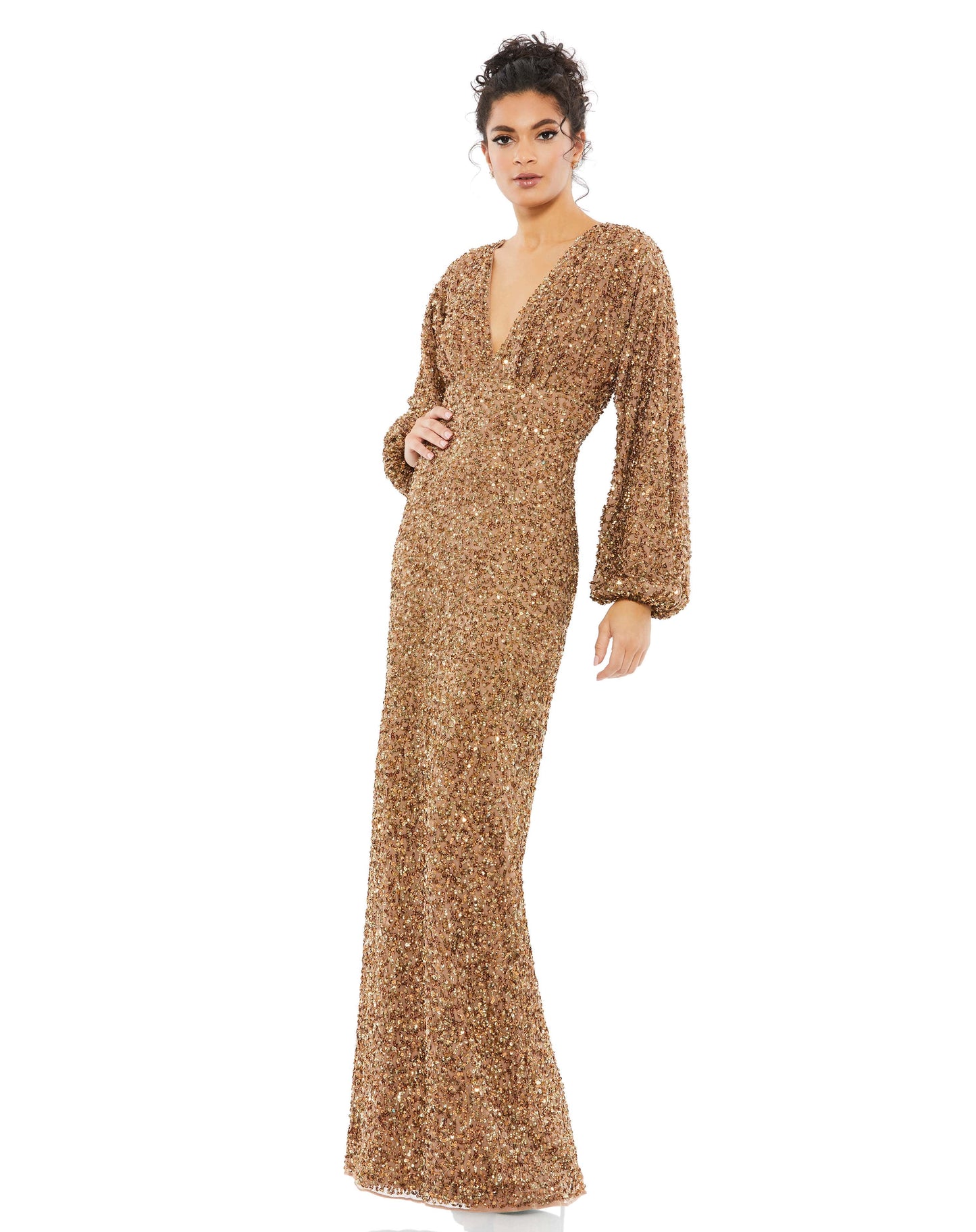 This chic evening gown will make heads turn. With a plunging V-neckline, a wide inset waistband, and a body-skimming full length skirt, this ultra-flattering dress is perfect for any formal event. Mac Duggal Back zipper Hand-sewn sequins on mesh fabric (1