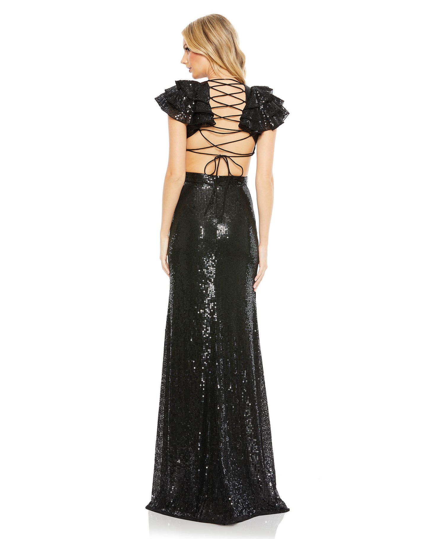 Sequined Ruffled Cutout Open Back Gown