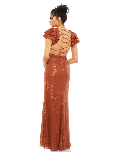 Sequined Ruffled Cutout Open Back Gown