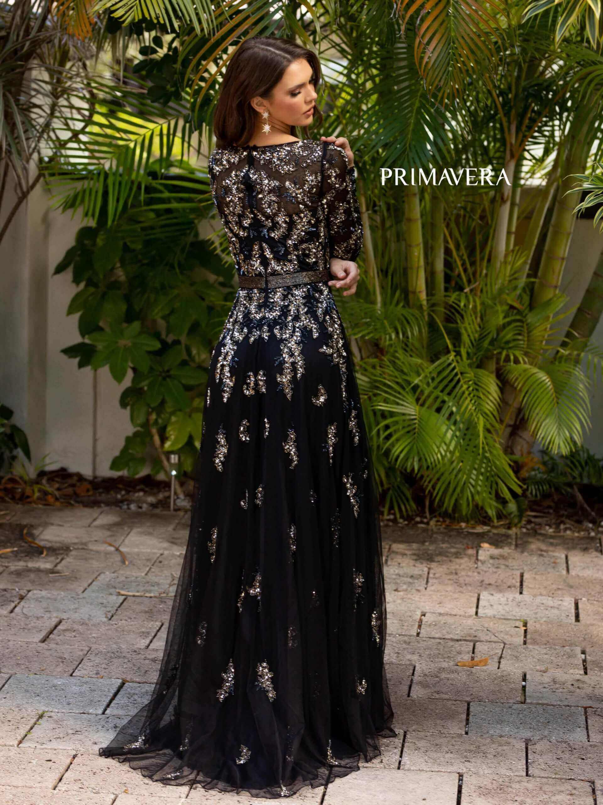 Primavera Style#11053, A-Line Beaded Long Sleeve Gown, A line,beaded,Floor Length,long sleeve,Sequin,Tulle, $850.00
