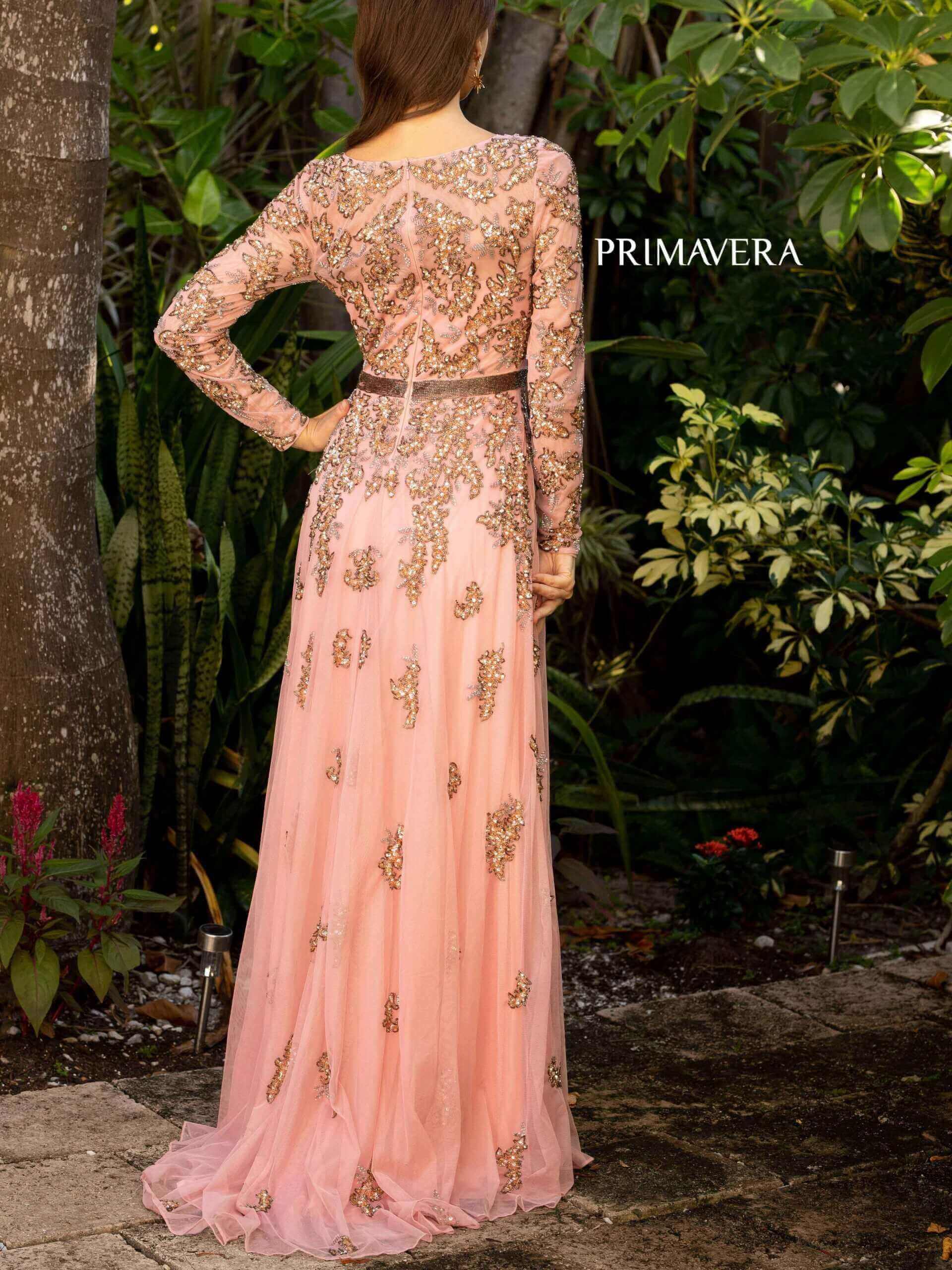 Primavera Style#11053, A-Line Beaded Long Sleeve Gown, A line,beaded,Floor Length,long sleeve,Sequin,Tulle, $850.00