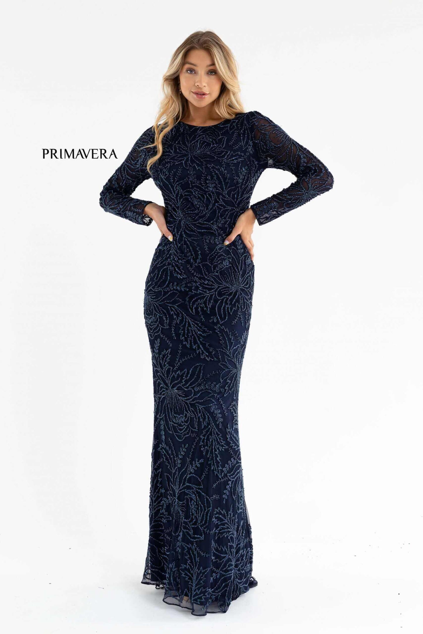 Primavera Style#11054, Fitted Beaded Long Sleeve Gown, beaded,Fit and Flare,Floor Length,long sleeve,Sequin, $850.00