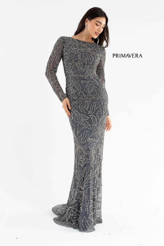 Primavera Style#11054, Fitted Beaded Long Sleeve Gown, beaded,Fit and Flare,Floor Length,long sleeve,Sequin, $850.00