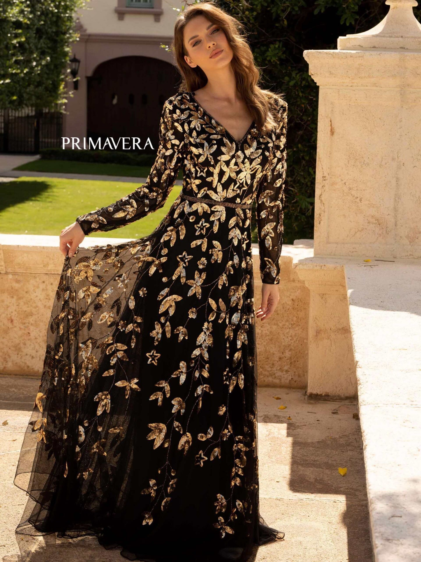 Primavera Style#11062, Long Sleeve A-Line Sequin Gown, A line,beaded,Floor Length,long sleeve,Sequin, $895.00