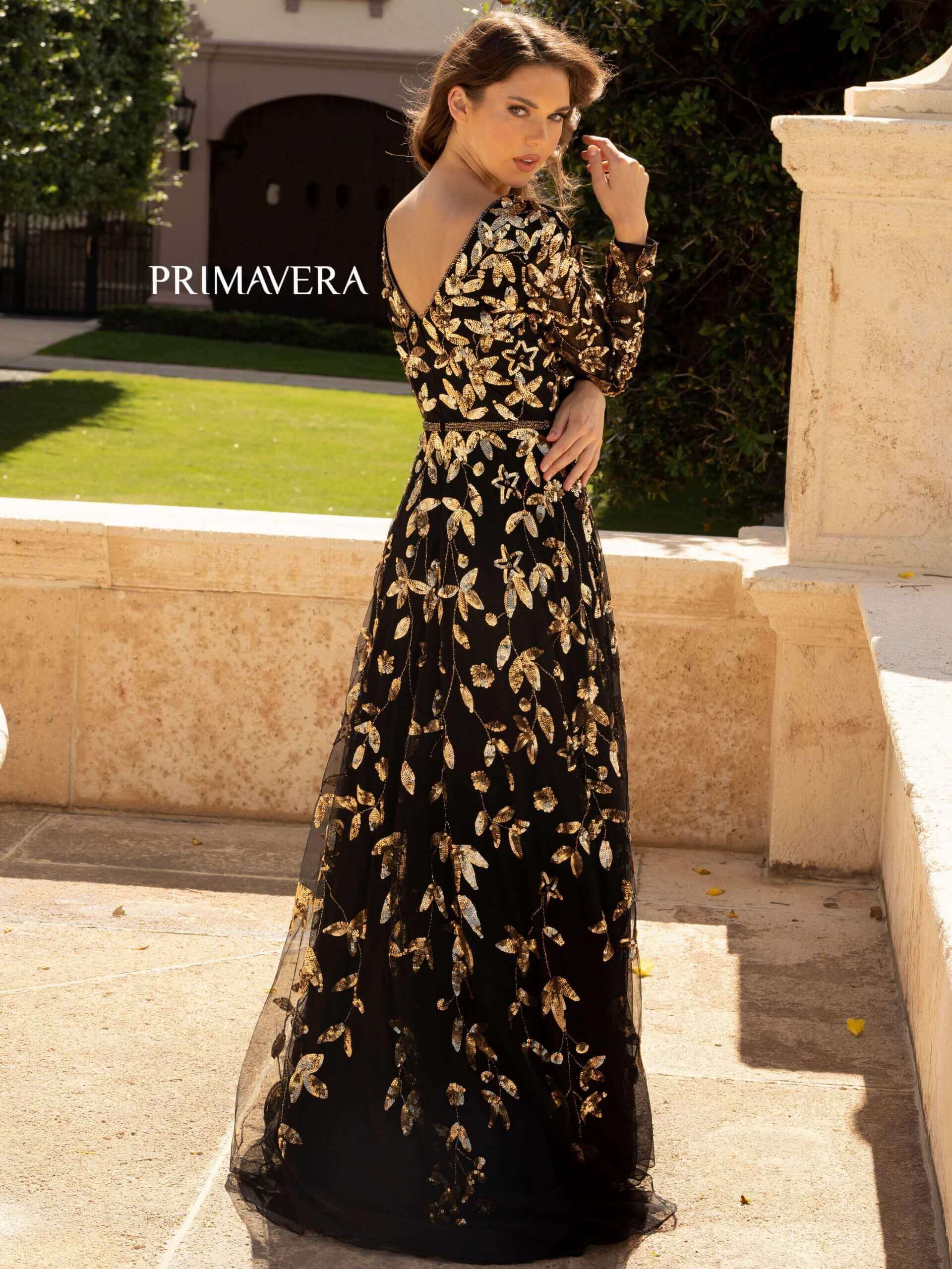 Primavera Style#11062, Long Sleeve A-Line Sequin Gown, A line,beaded,Floor Length,long sleeve,Sequin, $895.00