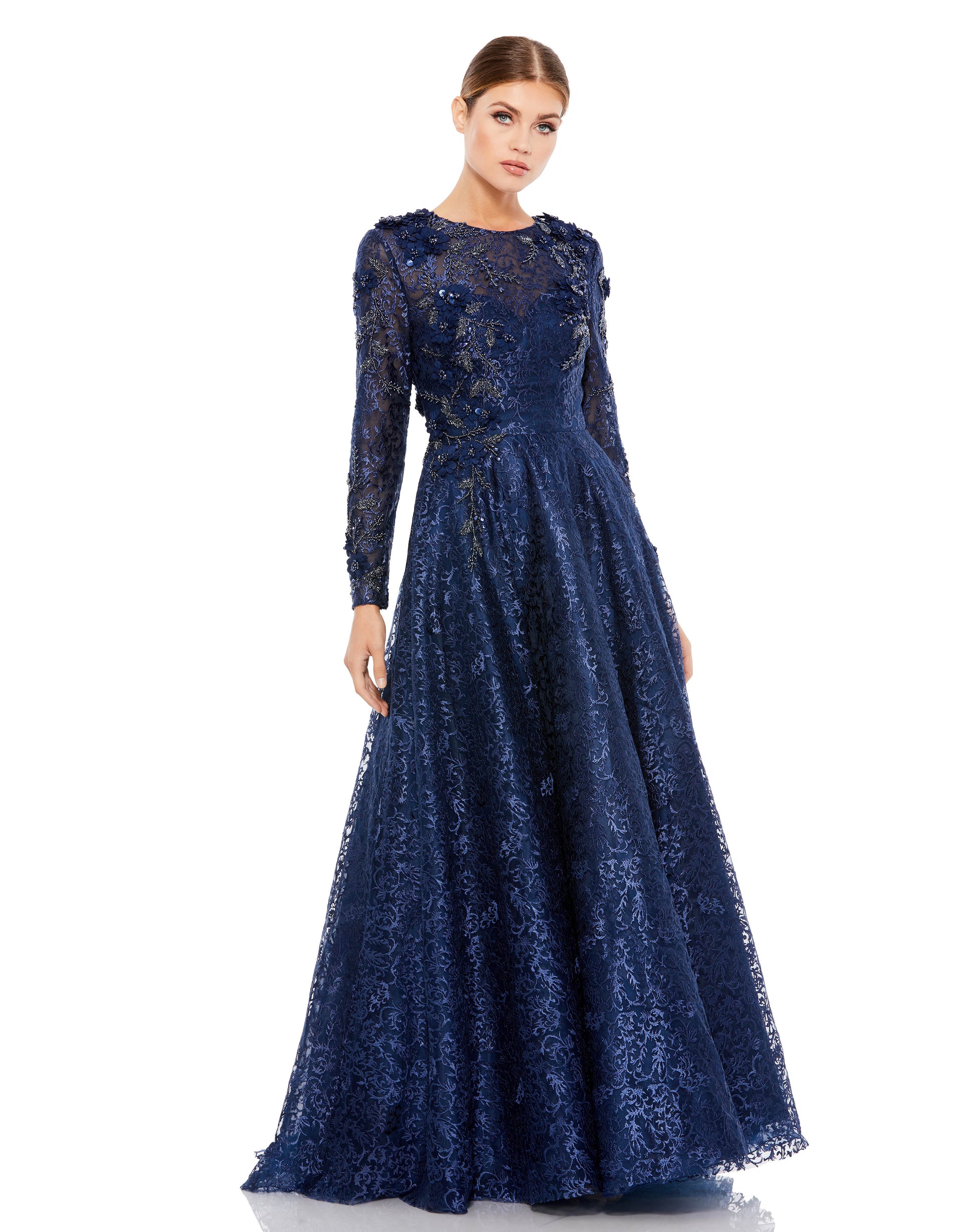 Long-sleeved A-line gown featuring stunning floral lace with 3D elements and shimmering rhinestones. Mac Duggal Partially Lined Back Zipper Long Sleeve Full Length 100% Polyester Style #11121