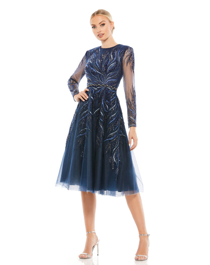Embellished fit-and-flare cocktail dress with semi-sheer long sleeves and an elegant tea-length skirt. Mac Duggal Partially lined Back Zipper 100% Polyester Long Sleeve Tea-Length High Neck Style #11136