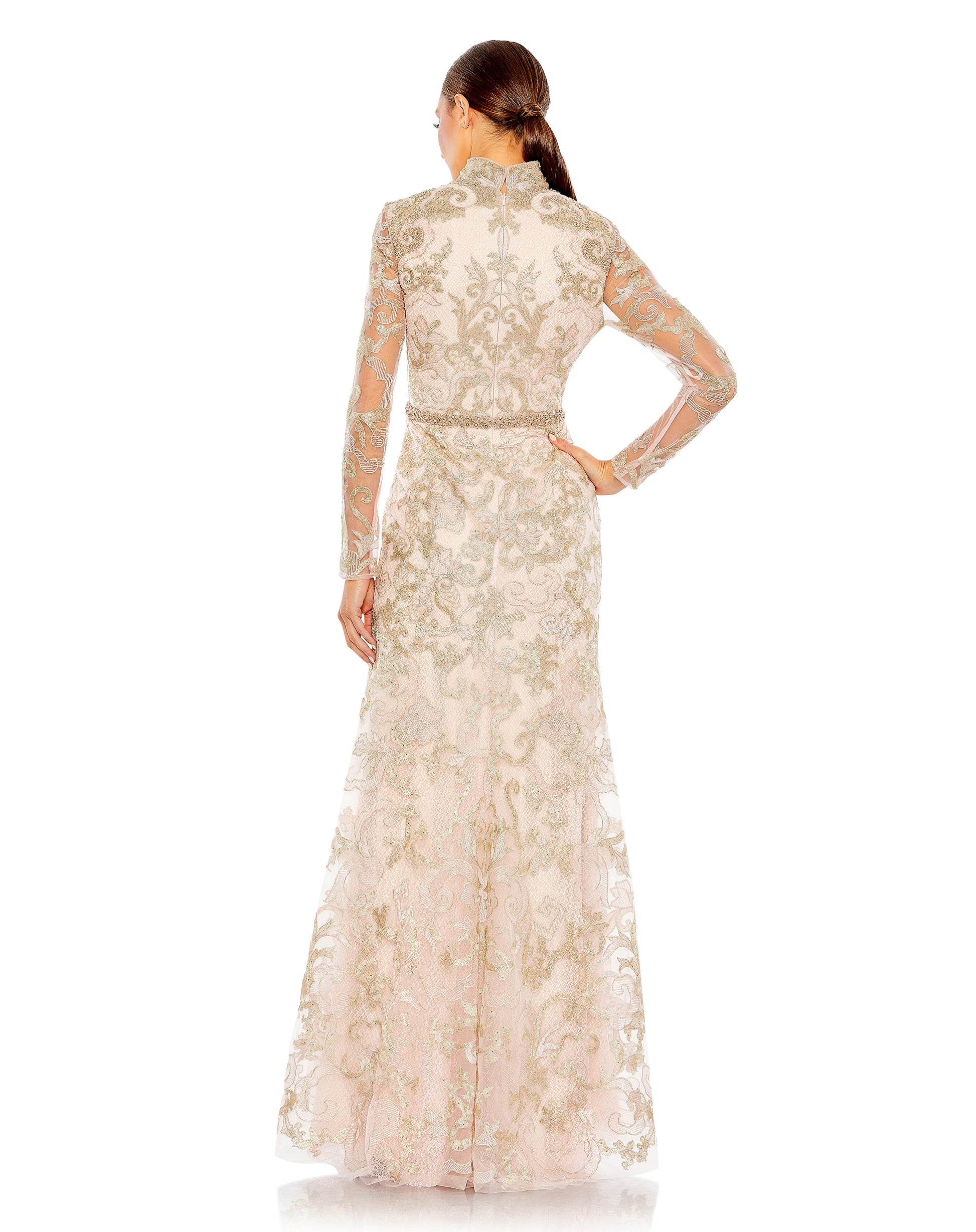 Long sleeve v-neck gown with decorative metallic-gold applique and embroidered detail throughout. Natural waist is accent by a hand-beaded belt. Mac Duggal Partially Lined Back Zipper 100% Polyester Long Sleeve Full Length V-Neck Style #11165