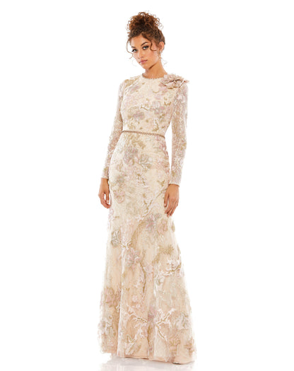 Elegant floral embroidered long sleeve lace trumpet gown with a beaded waist and a one-shoulder 3D floral accent. Mac Duggal Fully Lined Back Zipper Long Sleeve Floor Length High Neck 100% Polyester Style #11174