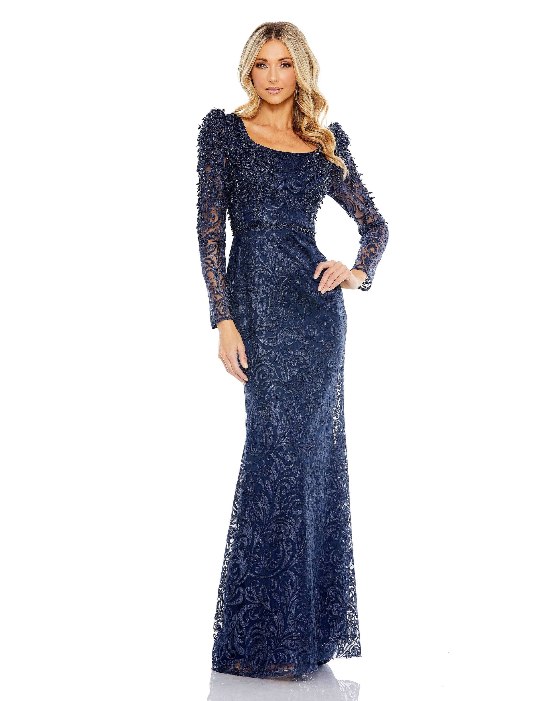 Mac Duggal Style#11187, Embroidered Appliqué Shoulder Detail Trumpet Gown, beaded,Embroidery,Floor Length,Lace,long sleeve,Newest Arrivals,Sheath, $950.00