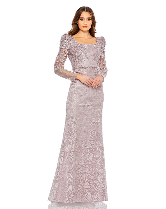 Mac Duggal Sheer embroidered overlay; 100% polyester lining Fully lined through bodice and skirt; semi-sheer unlined sleeves Scoop neckline Long sleeves with concealed zipper at wrist Gold leaf embellished waist detail Beaded leaf appliqué featured on bod
