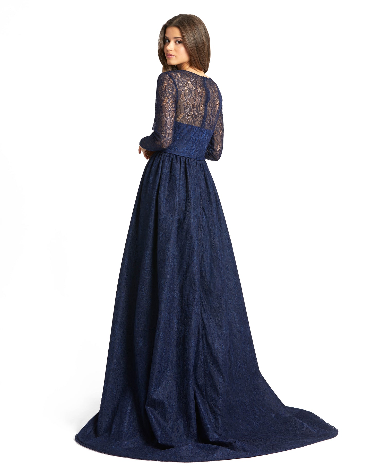 This jaw-dropping ballgown is crafted from floral lace with sheer long sleeves and an illusion yoke. The gown is cut in a slim column shape with a sweeping overlay at the back and sides for a grand and feminine finish. Mac Duggal Lace fabric (100% Polyest