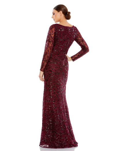 Sequined lace long-sleeve evening gown with flattering ruching at the waist and a thigh-high slit. Mac Duggal Fully Lined Back Zipper 100% Polyester Long Sleeve Full Length V-Neck Style #12412