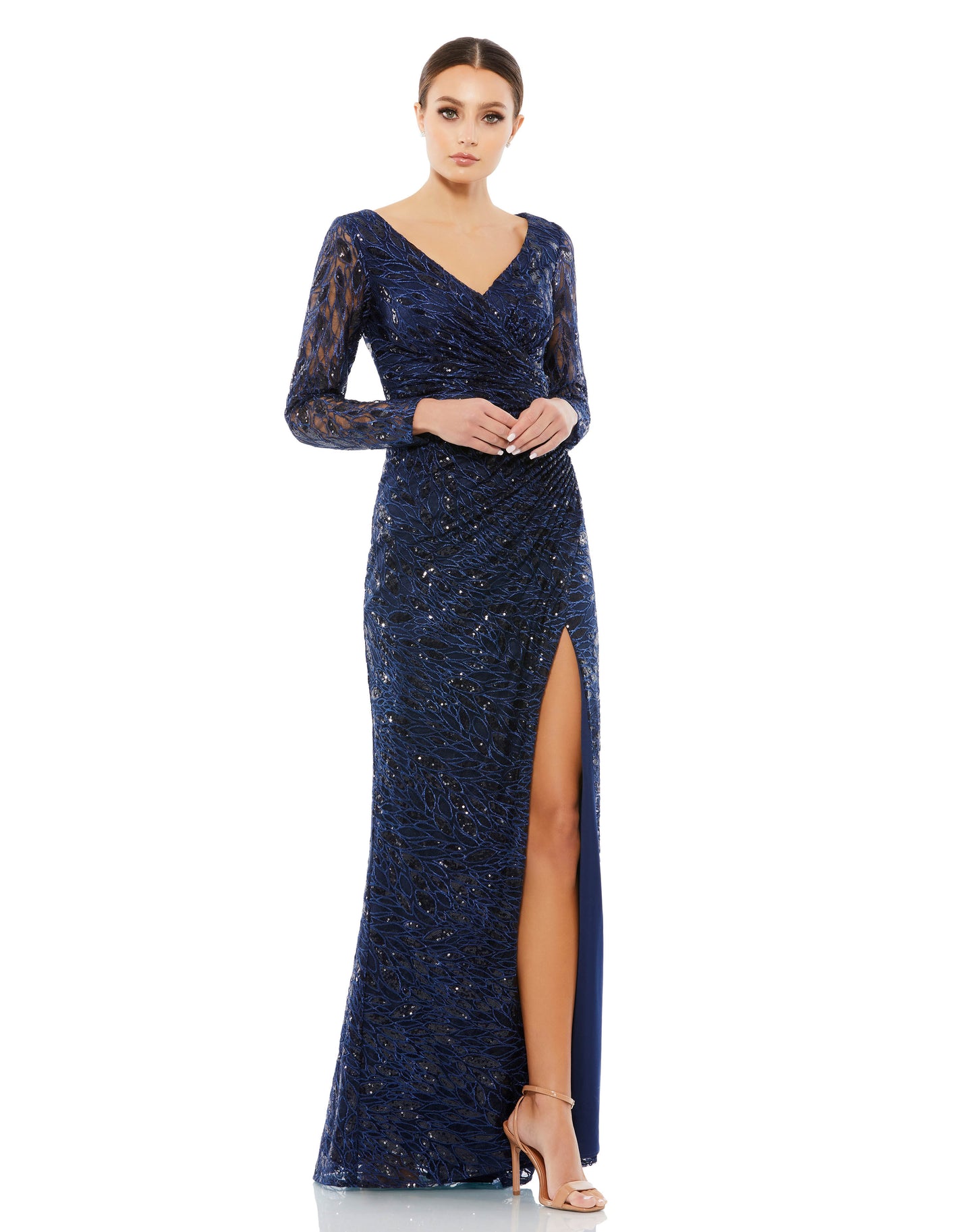 Sequined lace long-sleeve evening gown with flattering ruching at the waist and a thigh-high slit. Mac Duggal Fully Lined Back Zipper 100% Polyester Long Sleeve Full Length V-Neck Style #12412