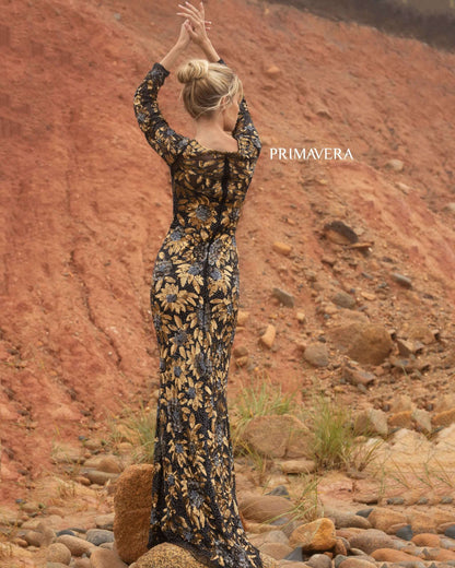 Primavera Style#1401, Long Sleeve Floral Sequin Gown, Floor Length,long sleeve,Sequin,Sheath, $675.00