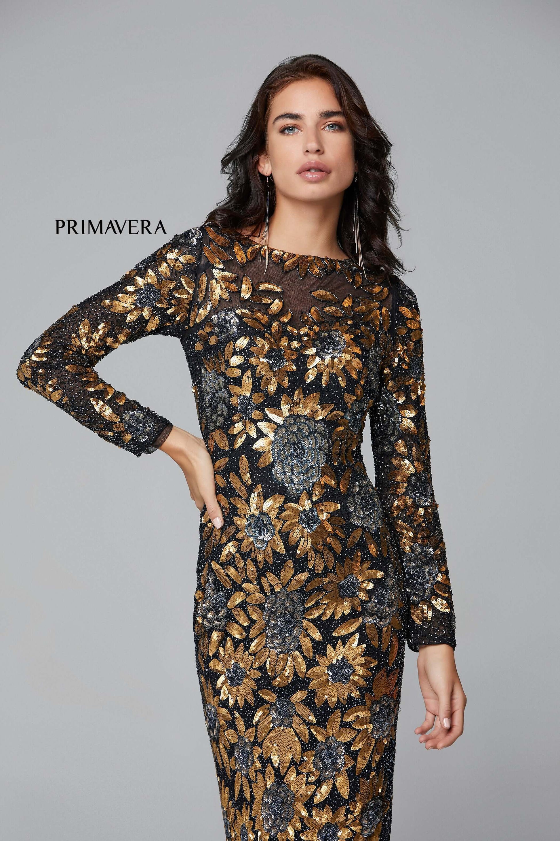 Primavera Style#1401, Long Sleeve Floral Sequin Gown, Floor Length,long sleeve,Sequin,Sheath, $675.00