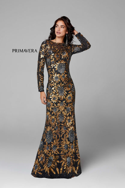 Primavera Style#1401, Long Sleeve Floral Sequin Gown, Floor Length,long sleeve,Sequin,Sheath, $675.00