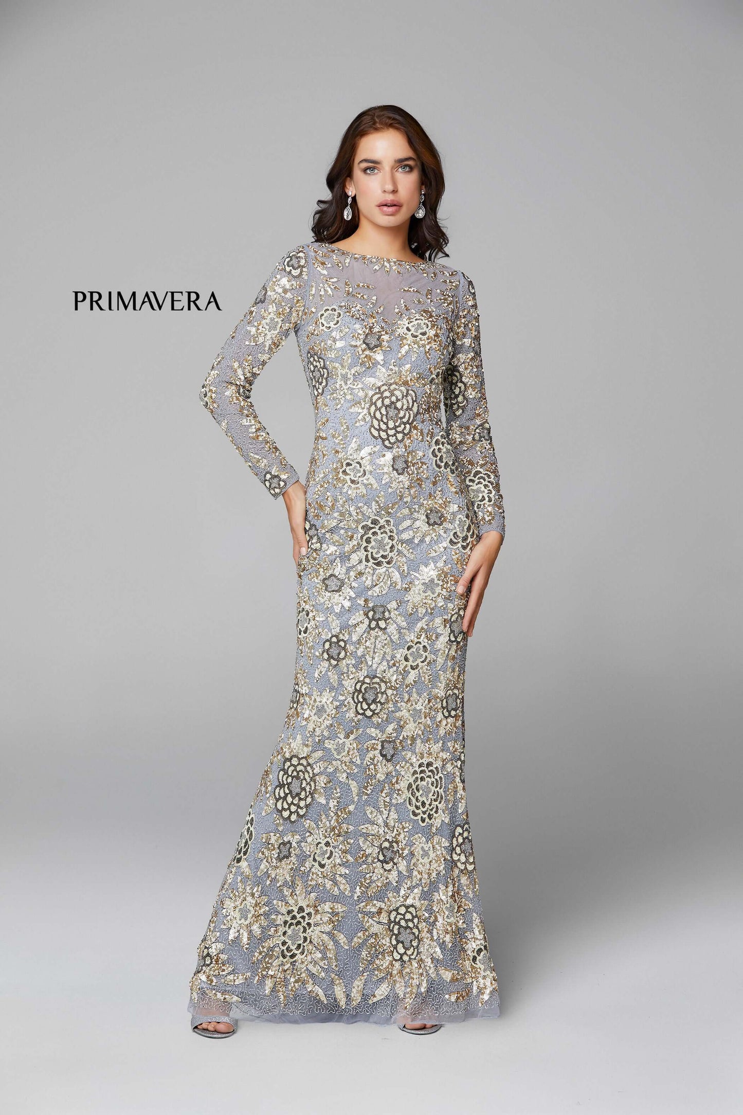 Primavera Style#1401, Long Sleeve Floral Sequin Gown, Floor Length,long sleeve,Sequin,Sheath, $675.00