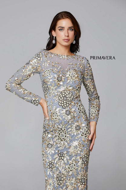 Primavera Style#1401, Long Sleeve Floral Sequin Gown, Floor Length,long sleeve,Sequin,Sheath, $675.00