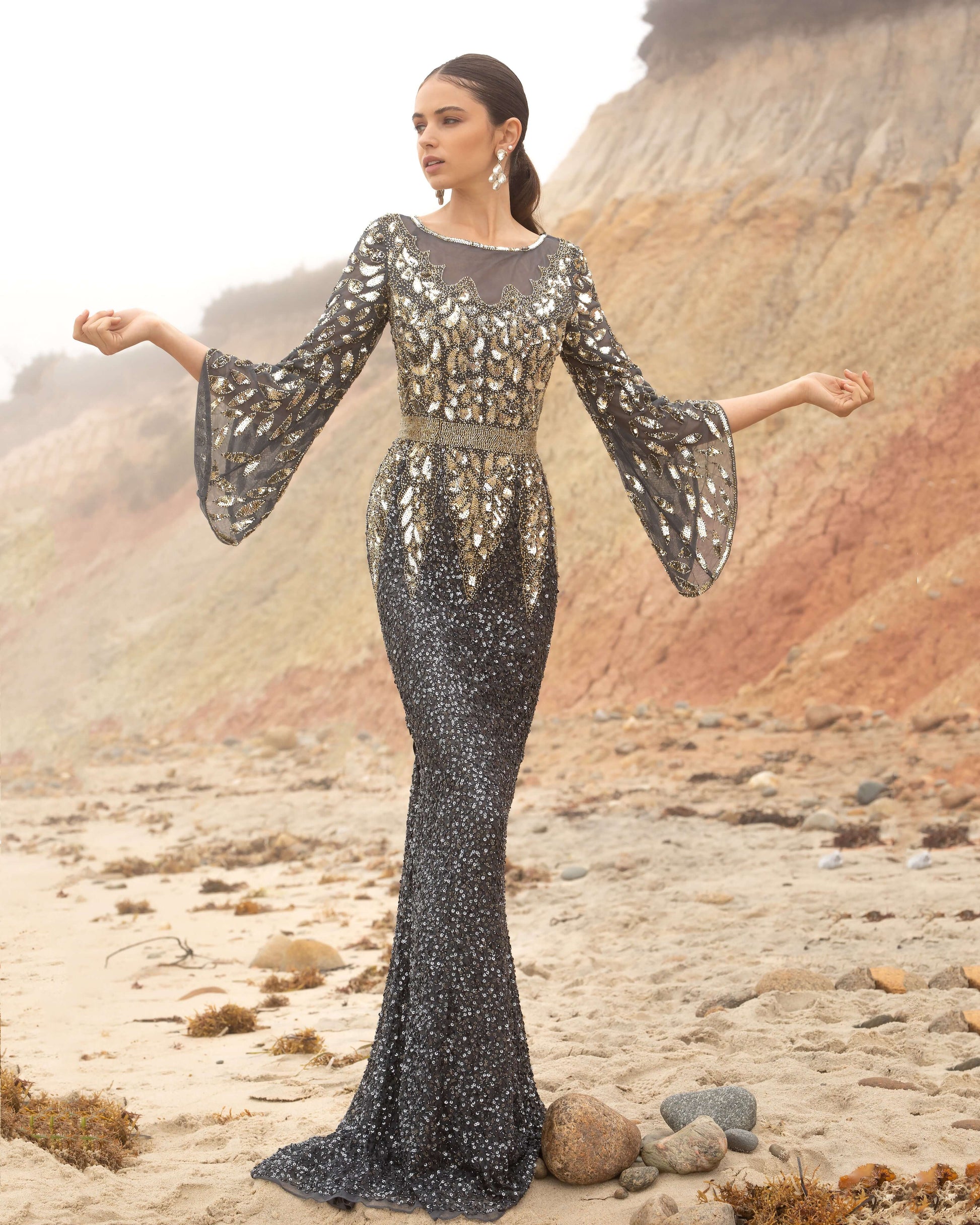 Bell Sleeve Beaded Evening Gown