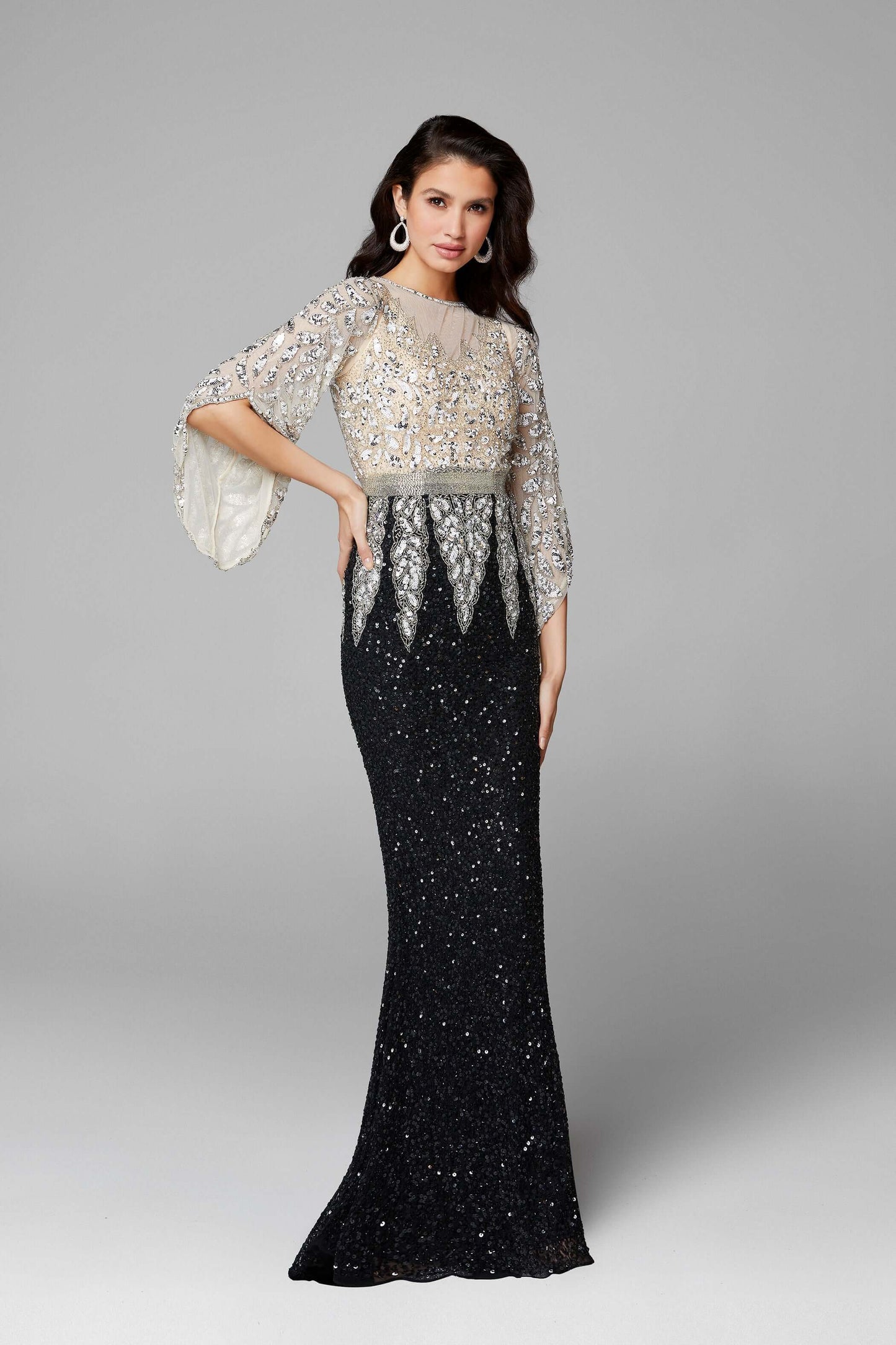 Primavera Style#1424, Bell Sleeve Beaded Evening Gown, beaded,Bell Sleeve,Fit and Flare,Floor Length,long sleeve,Sequin,Sheath, $650.00