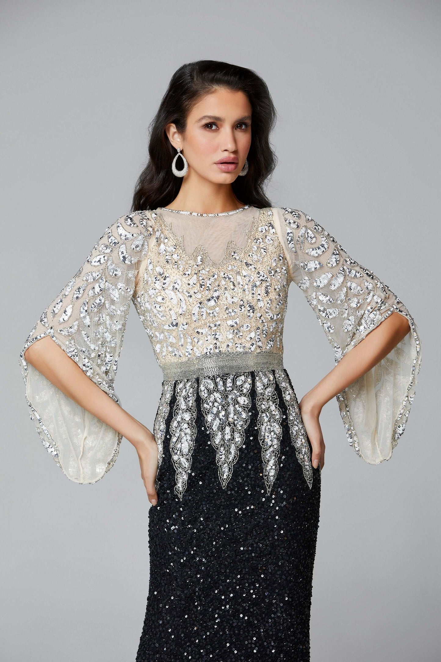 Primavera Style#1424, Bell Sleeve Beaded Evening Gown, beaded,Bell Sleeve,Fit and Flare,Floor Length,long sleeve,Sequin,Sheath, $650.00