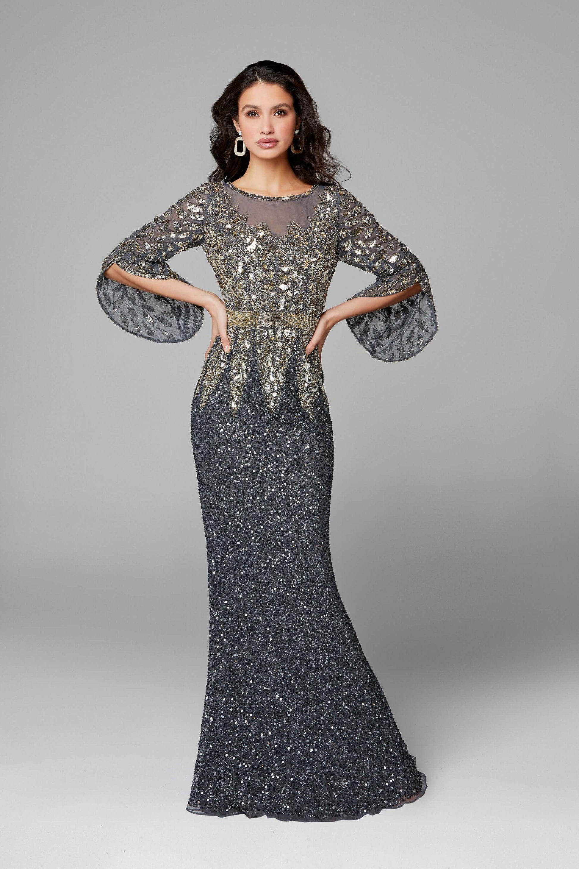 Primavera Style#1424, Bell Sleeve Beaded Evening Gown, beaded,Bell Sleeve,Fit and Flare,Floor Length,long sleeve,Sequin,Sheath, $650.00