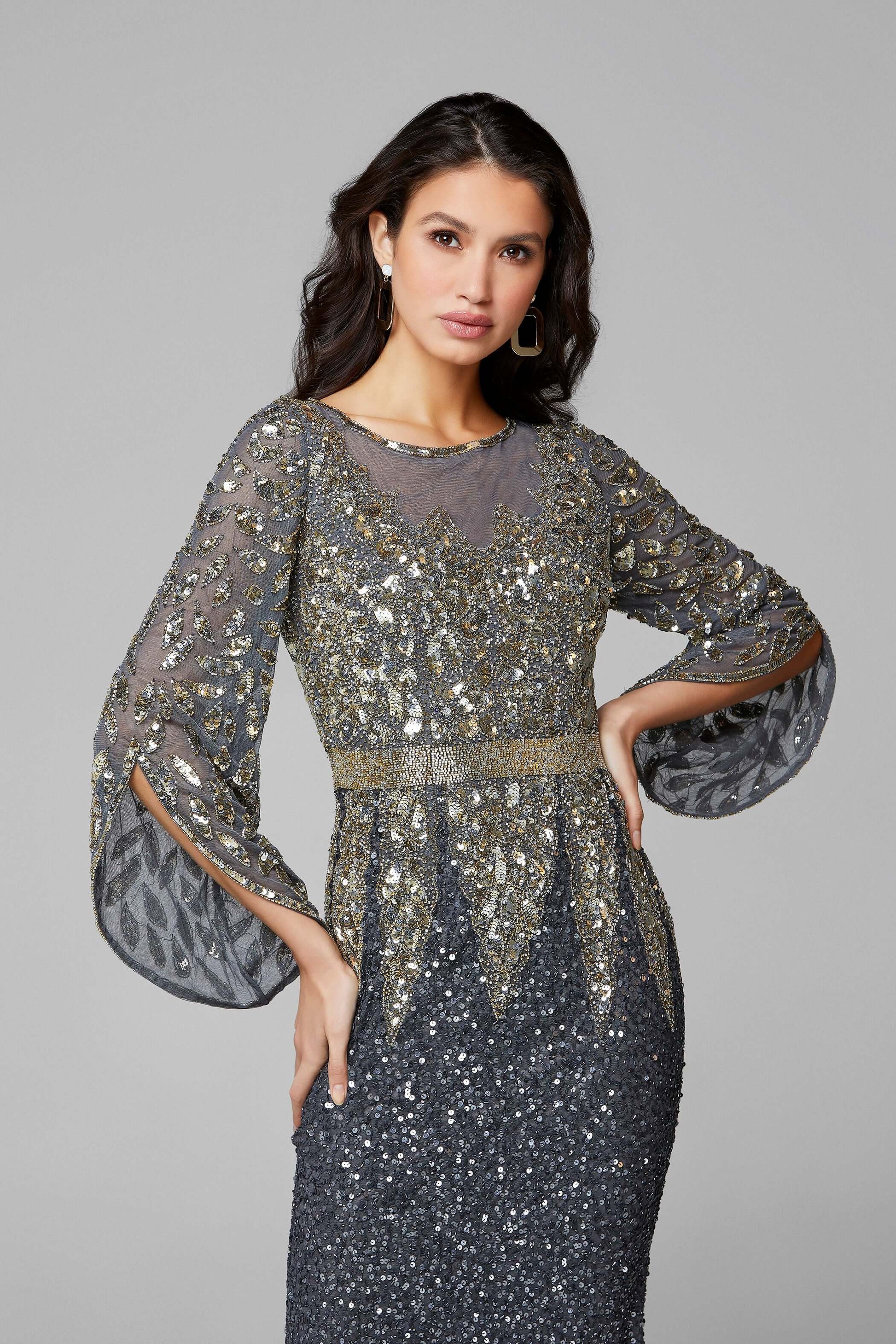 Primavera Style#1424, Bell Sleeve Beaded Evening Gown, beaded,Bell Sleeve,Fit and Flare,Floor Length,long sleeve,Sequin,Sheath, $650.00